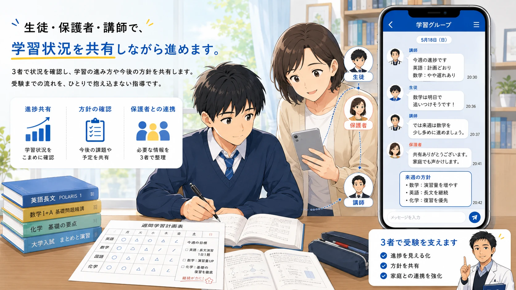 生徒・保護者・講師で学習状況を共有するイメージ