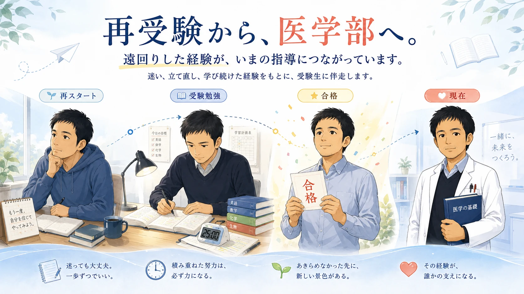 再受験から医学部進学までの歩みを表したイラスト